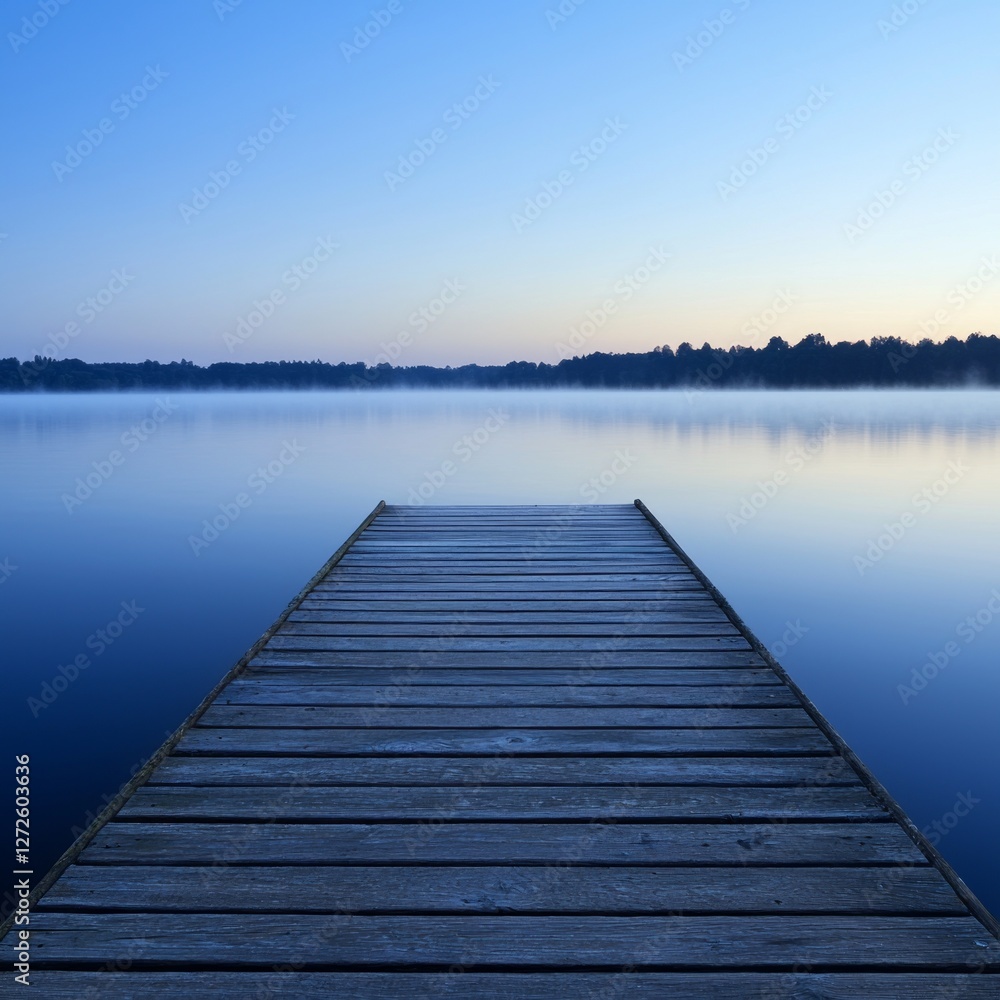 Obraz premium Serene wooden dock extending into a calm lake at dawn with a tranquil atmosphere