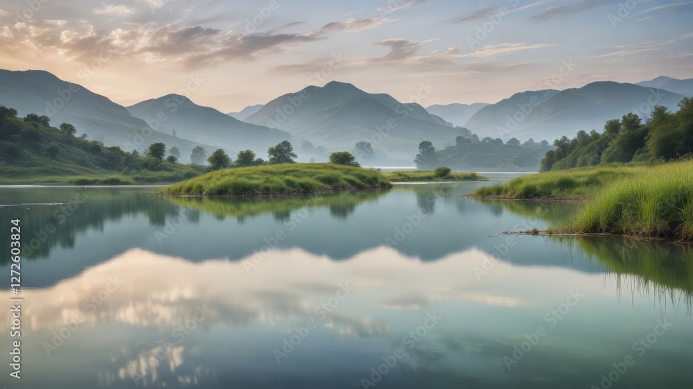 Serene landscape reflecting tranquil dawn sky over still lake water, mirroring majestic mountains and lush green hillsides Serene landscape reflecting tranquil dawn sky over still lake water, mirroring majestic mountains and lush green hillsides