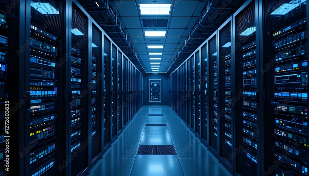 An illustration of a contemporary, high-tech internet data centre area featuring rows of racks housing server and network infrastructure. An illustration of a contemporary, high-tech internet data centre area featuring rows of racks housing server and network infrastructure.