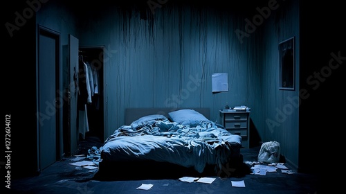 Messy bedroom at night, papers scattered on floor.