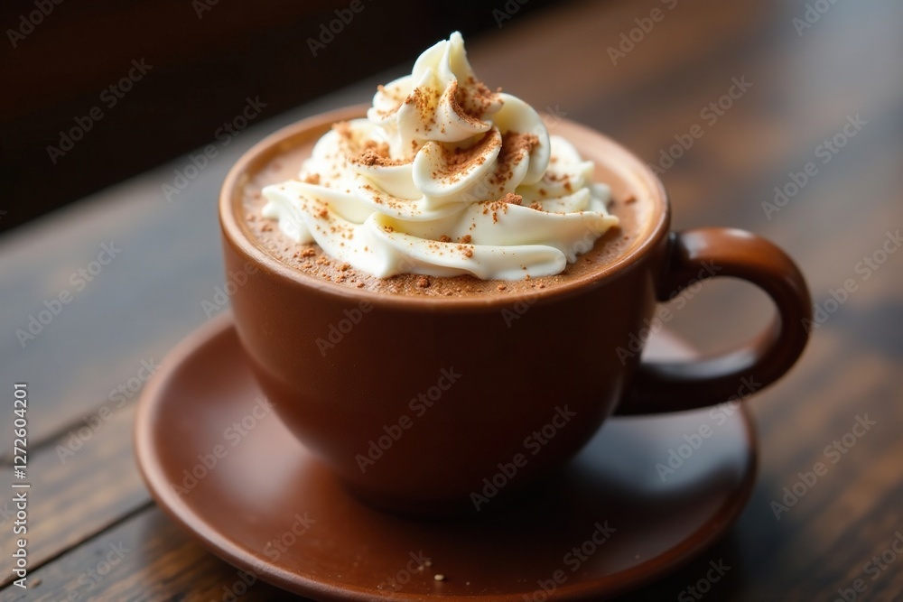Wooden cup with luxurious hot chocolate and whipped cream, decadent treat, luxurious hot chocolate Wooden cup with luxurious hot chocolate and whipped cream, decadent treat, luxurious hot chocolate