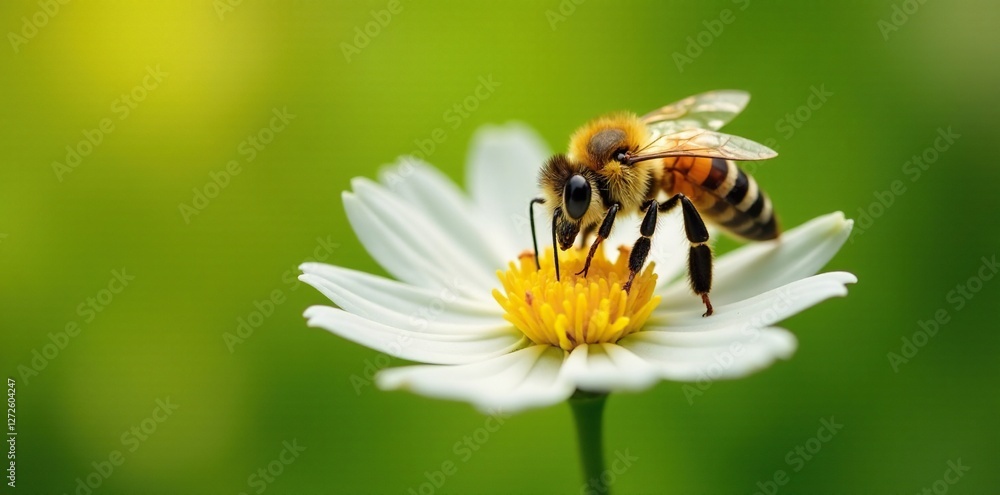 Bee collecting pollen from a single white flower, honeybee, bees, insect Bee collecting pollen from a single white flower, honeybee, bees, insect