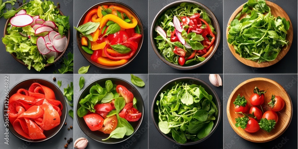 Collection of various vegetables and food preparation steps illustrated in bold design Collection of various vegetables and food preparation steps illustrated in bold design