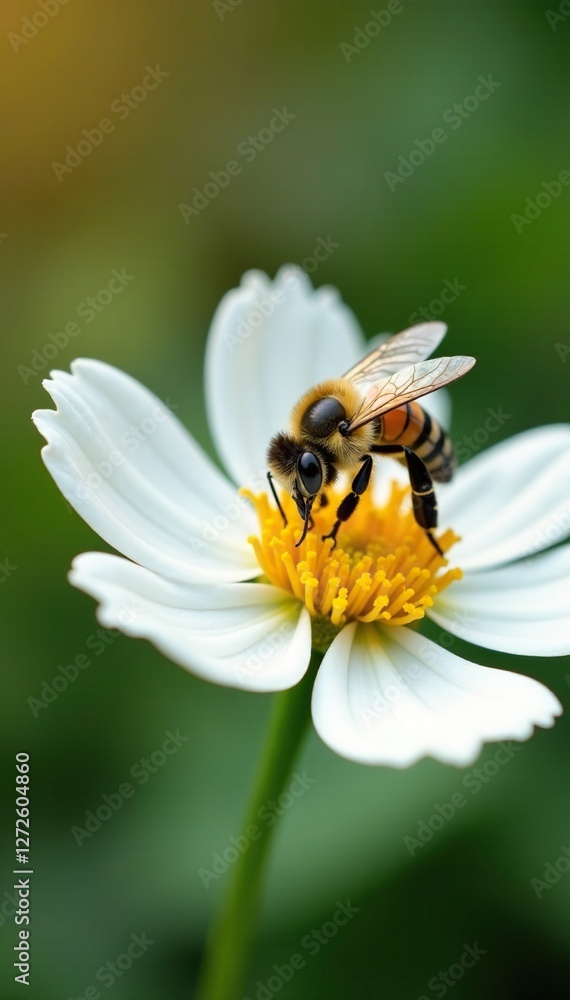 Bee collecting pollen from white flower petals, flowers, floral Bee collecting pollen from white flower petals, flowers, floral