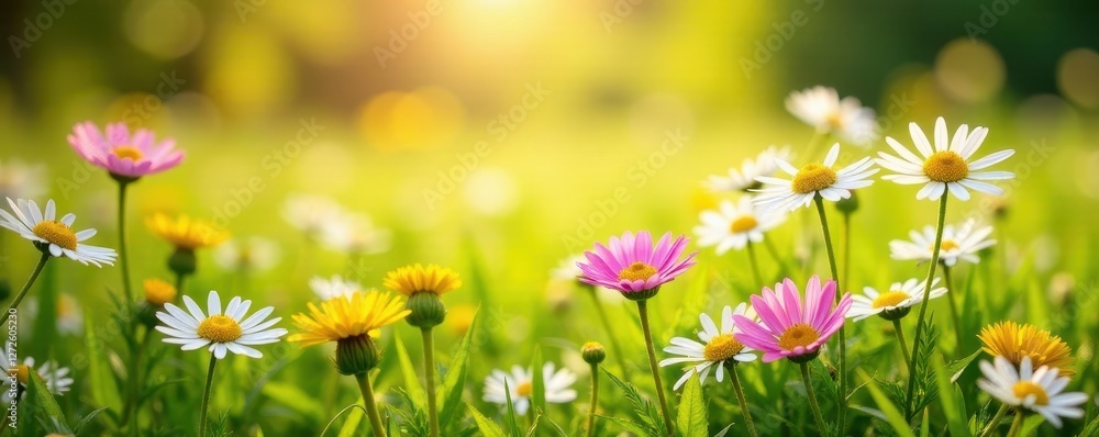 Fototapeta premium Sun-drenched meadow, abundant white & pink daisies, yellow dandelions , background, grass, vibrant