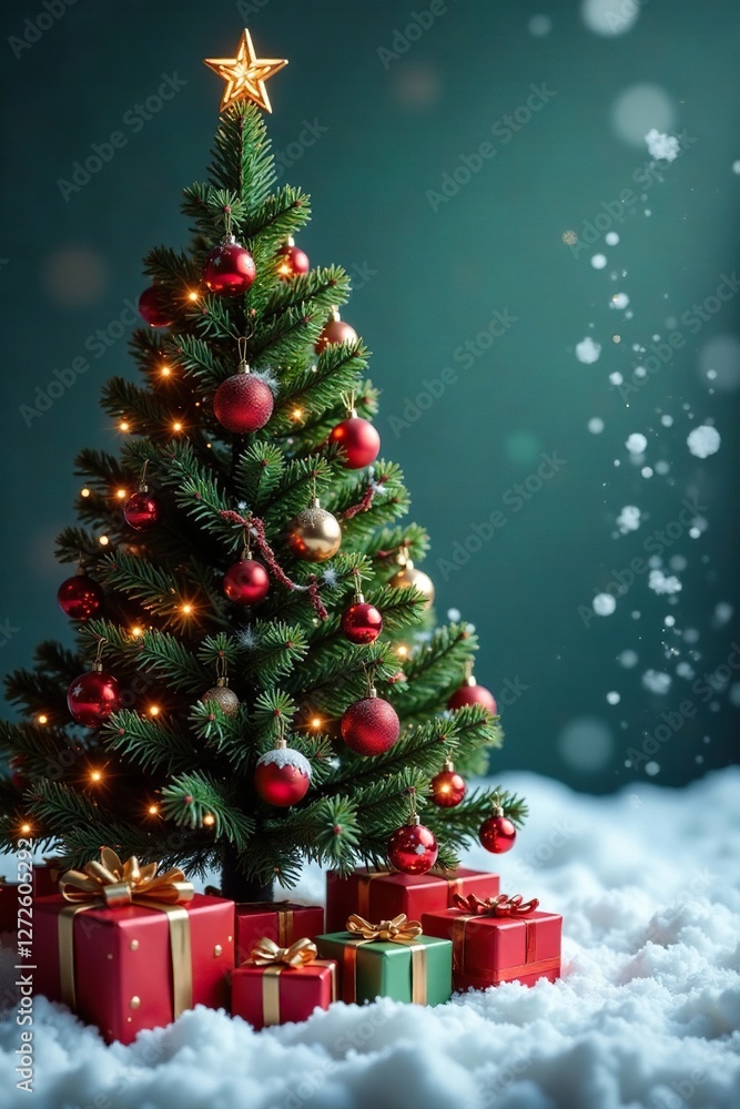 Red and green festive Christmas tree with ornaments and presents, winter, decorations, presents Red and green festive Christmas tree with ornaments and presents, winter, decorations, presents