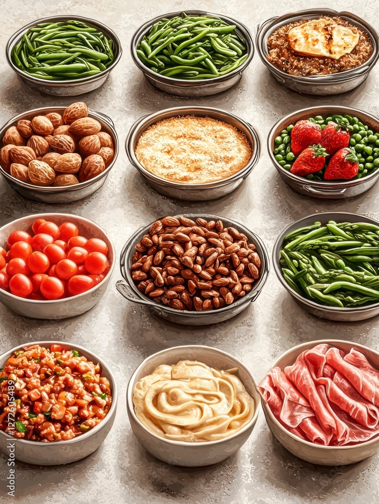 Table with various bowls of food and food preparation steps in modern illustration style Table with various bowls of food and food preparation steps in modern illustration style