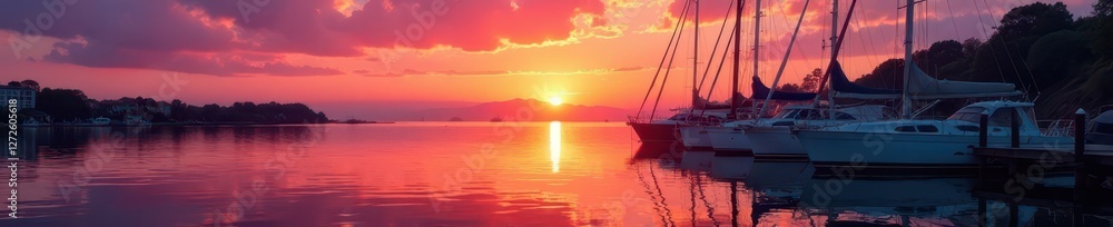 Naklejka premium Sunset hues paint the water, reflecting on docked boats , calm, coast, vessels