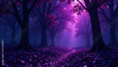 Dark mysterious forest with purple black gradient textured leaves, tree, purple, nature