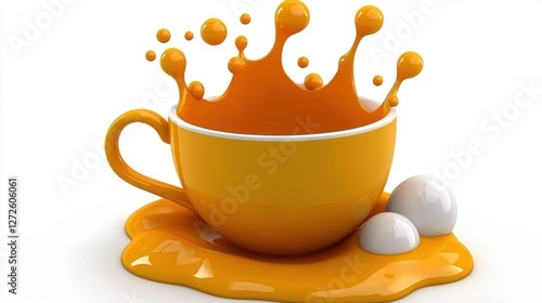 Splashes of Orange Liquid from Yellow Cup with White Eggs on Surface in Bright Kitchen