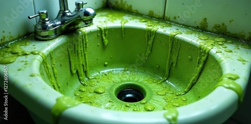 Bathroom sink infested with slimy greenish algae like structures, grime, mold, infection