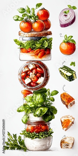 Illustration of a stack of food with various ingredients and cooking preparation steps