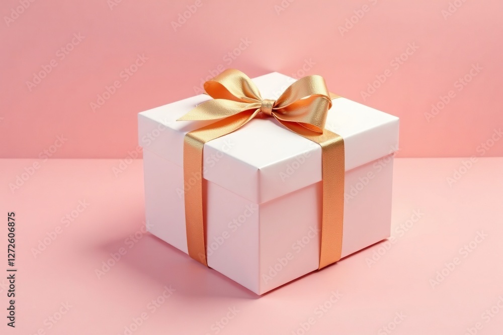 Fototapeta premium Soft focus white gift box on a light pink backdrop with golden ribbon, showcasing gentle shadows and texture, ribbon, luxurious,