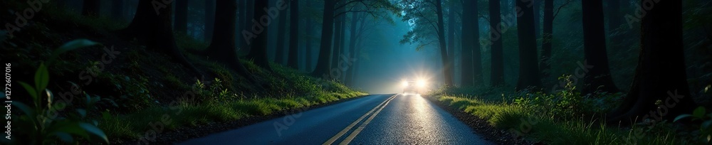 Fototapeta premium Dark forest road with headlights shining through, leaves, tree branches, shadows