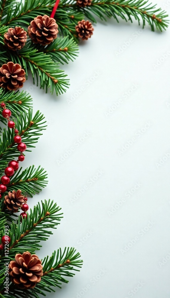 Red and green striped garlands on fir branches, pinecone, evergreen Red and green striped garlands on fir branches, pinecone, evergreen