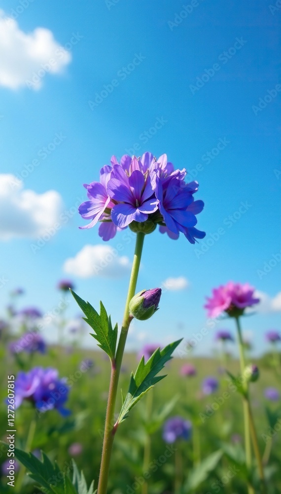 Obraz premium Indian Borage in full bloom against a bright blue sky, flower, field
