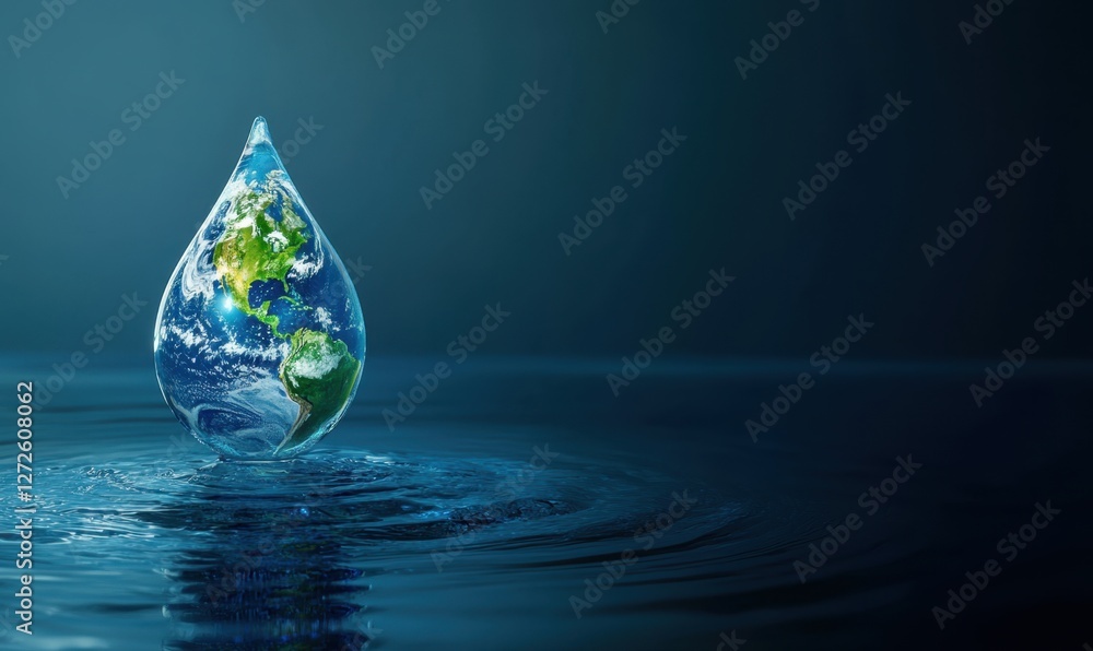 Fototapeta premium A vibrant water droplet containing Earth reflects in a serene blue background, symbolizing environmental awareness