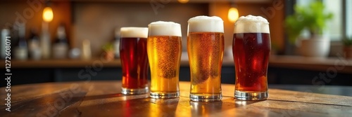 Bierflaschen in verschiedenen Farben auf einem Tisch, becher, bier, decor