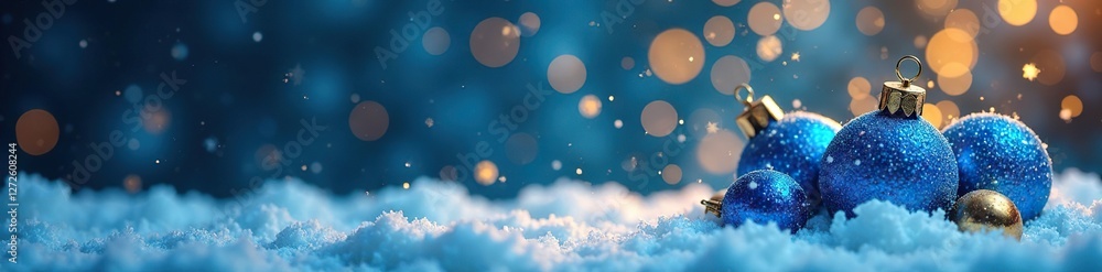 Icy winter scene with blue Christmas tinsel balls amidst dark blue background and golden snowflakes against gold bokeh, holiday scene, tinsel balls, gold Icy winter scene with blue Christmas tinsel balls amidst dark blue background and golden snowflakes against gold bokeh, holiday scene, tinsel balls, gold