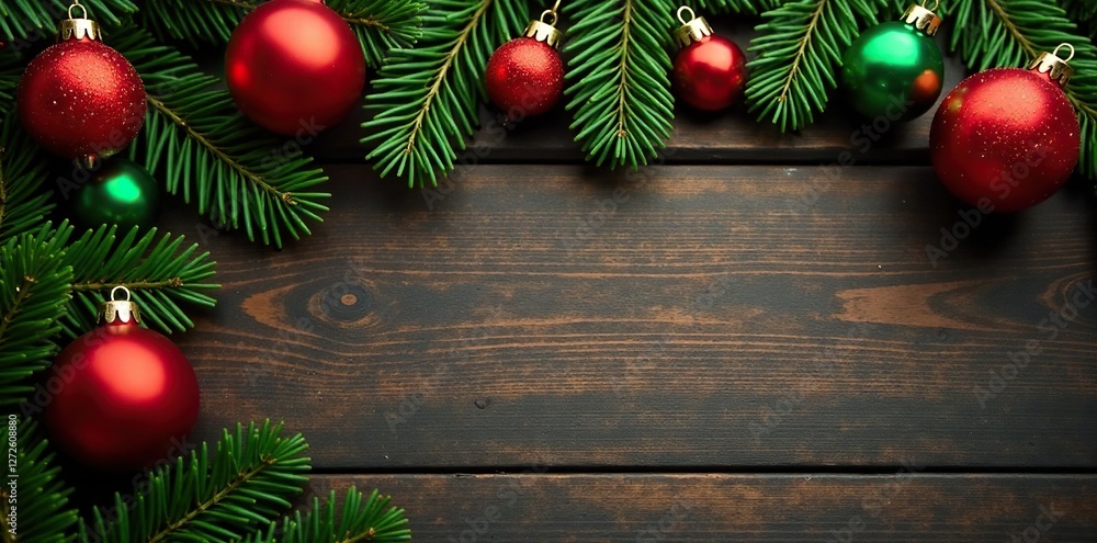Red and green glass ornaments on wooden background, festive, red and green Red and green glass ornaments on wooden background, festive, red and green