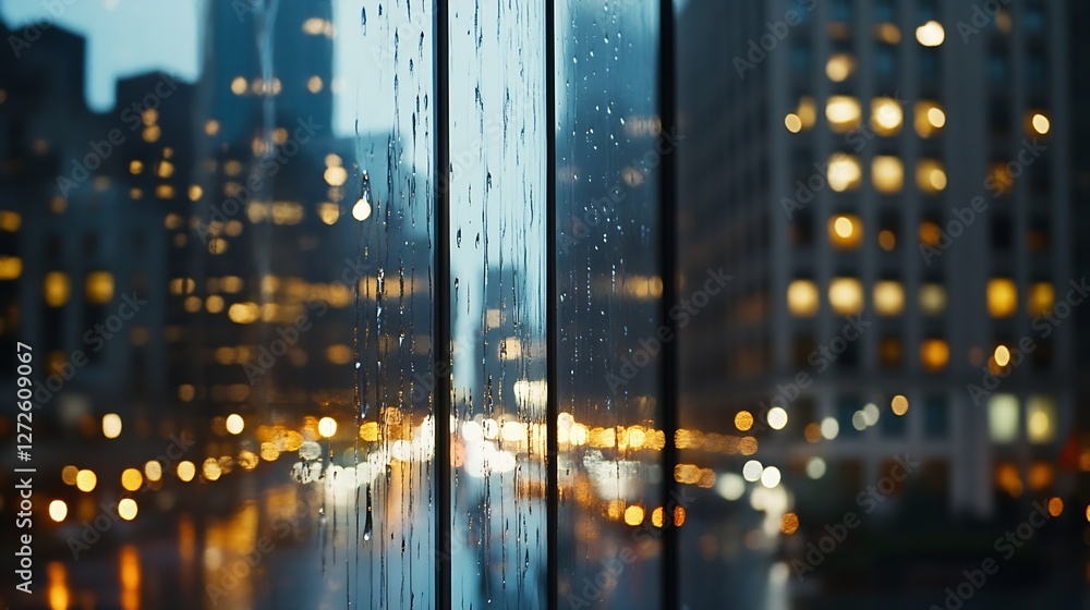 Obraz premium Urban Scene with Reflections on Window Glass During Rain Showcasing City Lights : Generative AI