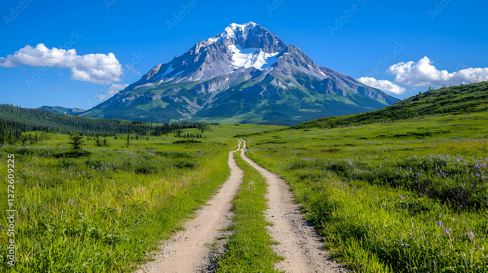 Fototapeta premium Dirt road winds through a lush green meadow leading towards a majestic snow-capped mountain peak under a clear blue sky.