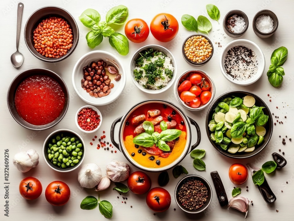 Assorted vegetables and sauces with food preparation steps for cooking ingredients Assorted vegetables and sauces with food preparation steps for cooking ingredients
