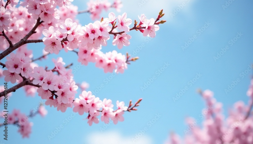 Soft focus of blooming sakura trees against a clear blue sky, blue sky, tree, sakura Soft focus of blooming sakura trees against a clear blue sky, blue sky, tree, sakura