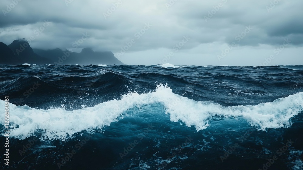 Naklejka premium Stormy ocean waves crashing against the shore under a cloudy sky