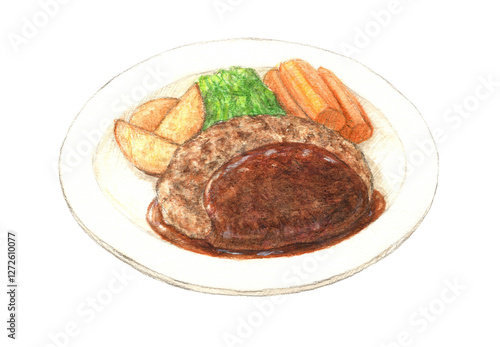 ハンバーグ　手描き　水彩