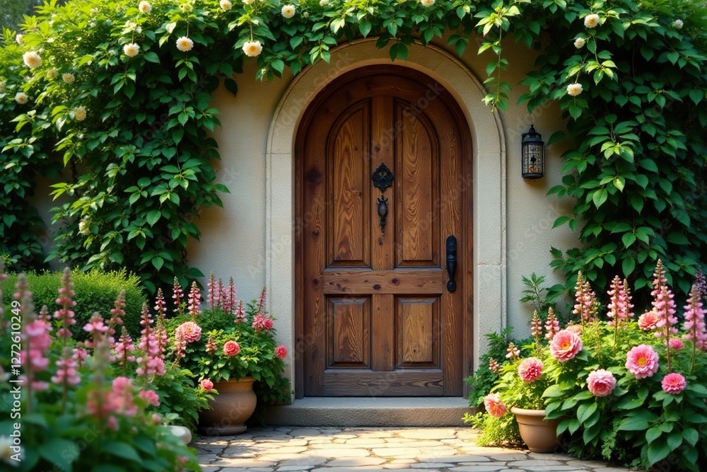 Fototapeta premium Wooden door with lush foliage and seasonal floral elements, natural, flowers