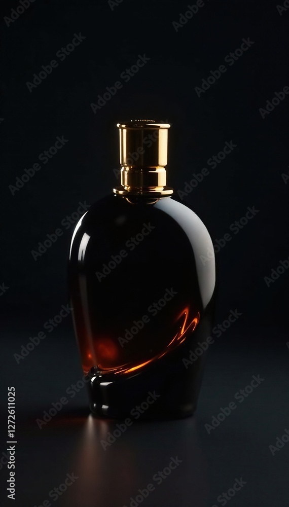 Dark glass bottle with elegant curves and gold accents against a dark background, fragrancebottle, goldenaccents, darkbackground Dark glass bottle with elegant curves and gold accents against a dark background, fragrancebottle, goldenaccents, darkbackground
