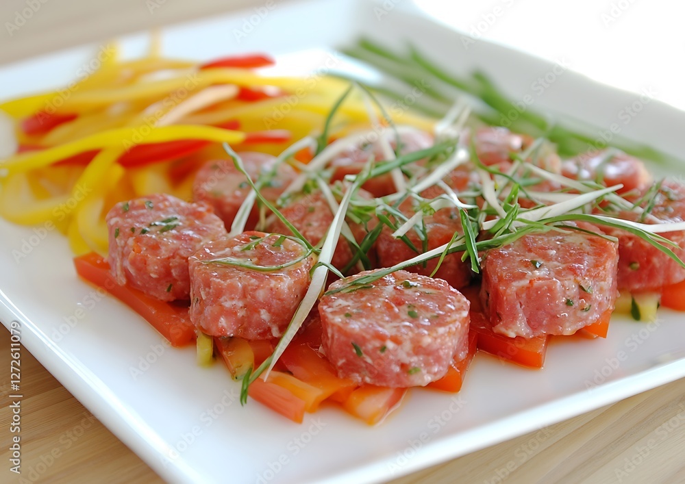 Meat slices with pepper, chives. Plate on table. Light background. Food photography Meat slices with pepper, chives. Plate on table. Light background. Food photography