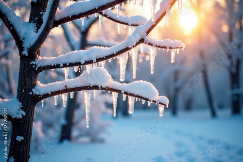 Icy tree branches with snow accumulation under winter sun, ice, snowflakes, snow photo