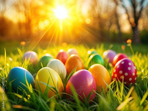Silhouette of Colorful Easter Eggs on Sunny Spring Grass - Christian Holiday Tradition