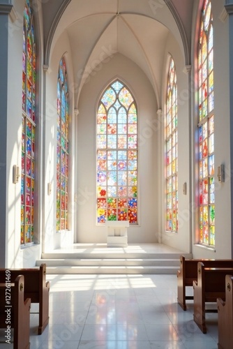 Stained glass windows and white stone floor in modern church sanctuary with white podium, minimalist, stained glass