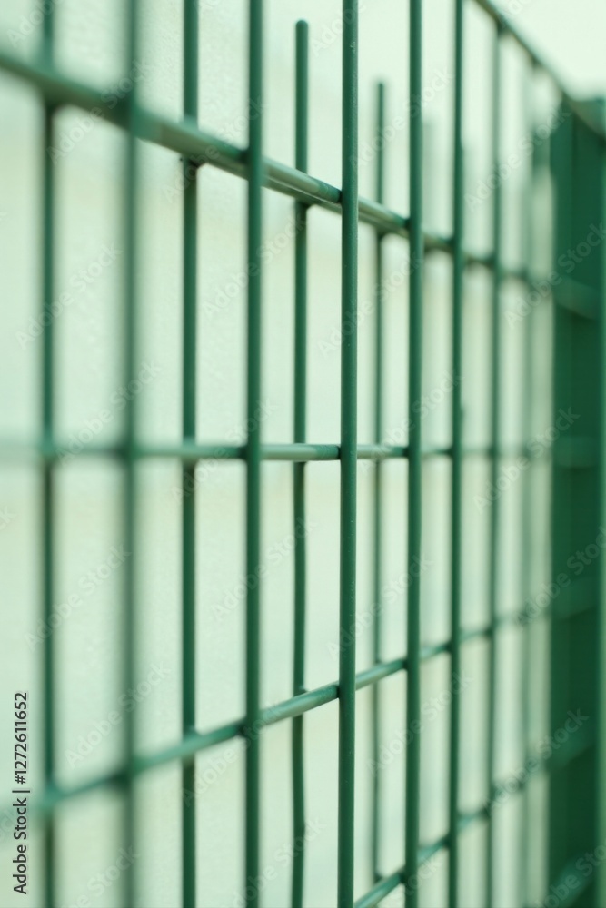 custom made wallpaper toronto digitalClose-up view of a green metal grid fence against a light-colored wall, showcasing the intricate details and the subtle play of light and shadow on the parallel bars.