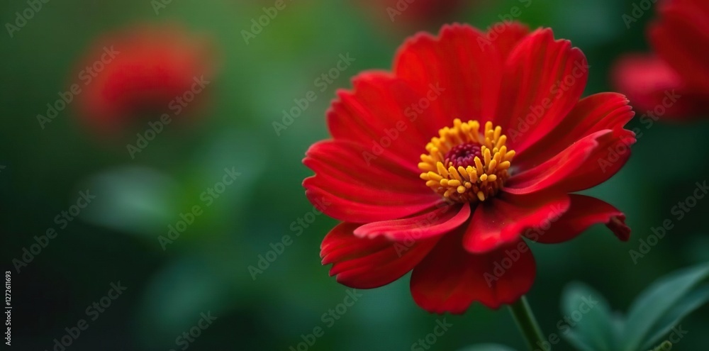 Dark red petals unfolding around a central yellow disc, foliage, red, green Dark red petals unfolding around a central yellow disc, foliage, red, green