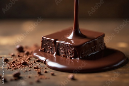 Dark chocolate melts violently on wooden surface, splashing liquid, wood, texture
