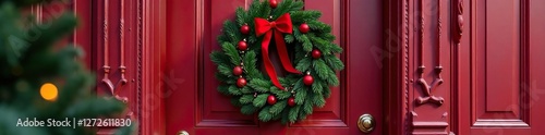 Red and green Christmas wreath on a wooden door, holiday, festive, decoration
