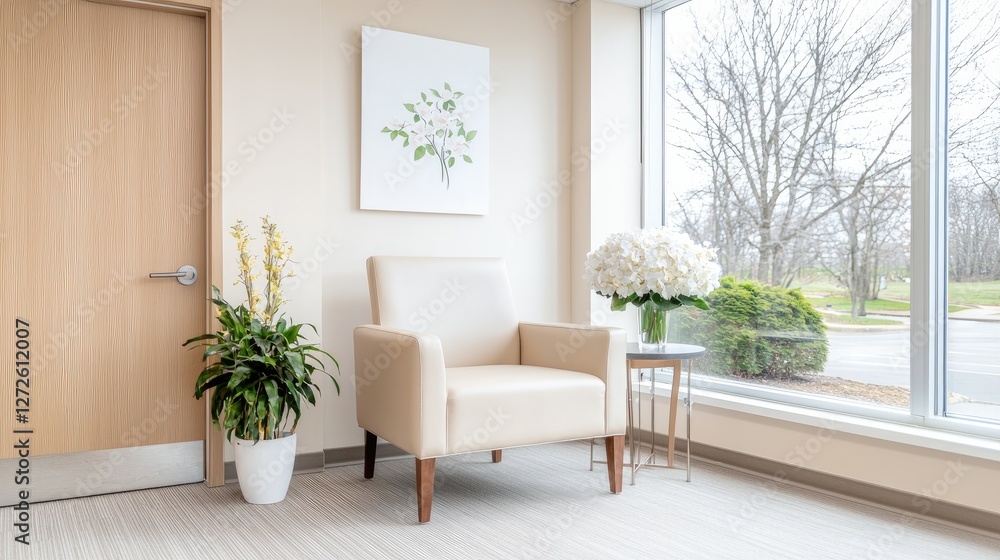 Fototapeta premium Waiting room chair, flowers, window view, peaceful atmosphere, healthcare