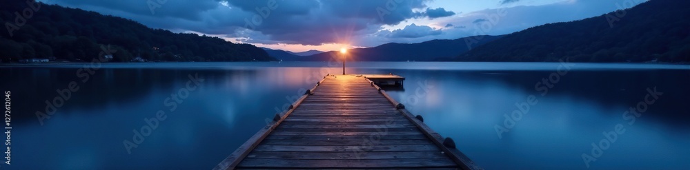 Obraz premium wooden pier stretching across calm lake surface at night, reflection, darkness