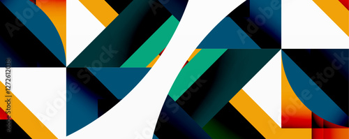 Abstract geometric artwork with interwoven angular and curved shapes, dynamic composition with smooth gradients and bold contrasts
