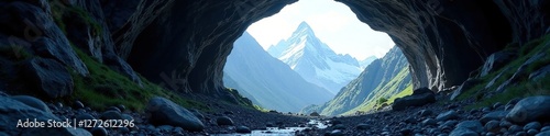 Dark cave entrance with a vast mountain landscape outside, mountainscape, cave