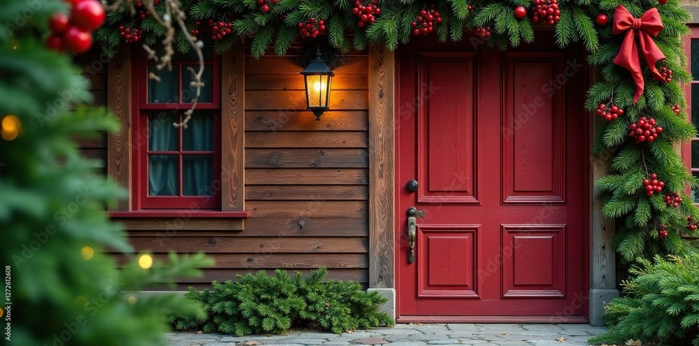 Wooden door adorned with greenery and red berries, holiday, wooden door, festive Wooden door adorned with greenery and red berries, holiday, wooden door, festive