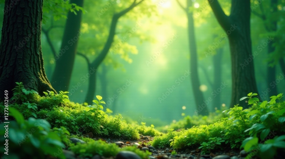 Fototapeta premium Serene Forest Floor Lush Undergrowth Bathed in Sunlight, Tranquil Woodland Scene with Vibrant Greenery and Sunbeams Filtering Through the Canopy