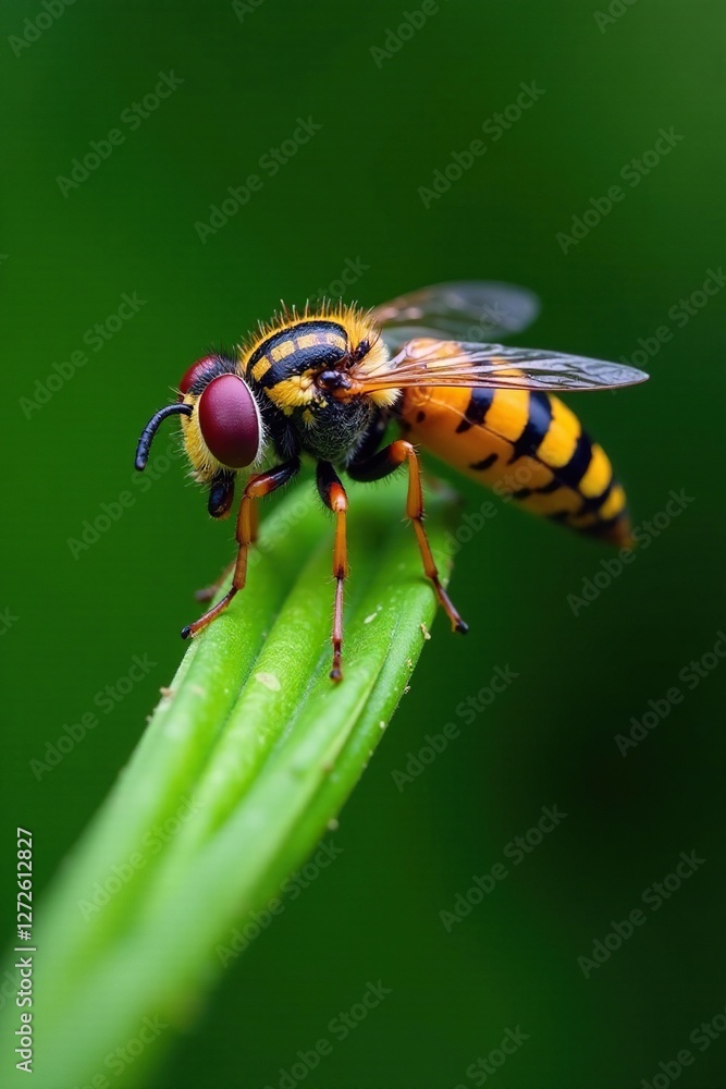 Black and yellow striped hoverfly rests on a leafy stem, hoverfly, bee mimicry, flies Black and yellow striped hoverfly rests on a leafy stem, hoverfly, bee mimicry, flies