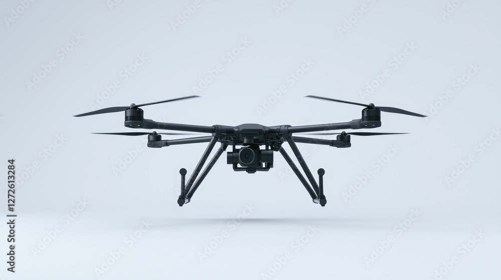 Black drone hovering, studio shot, aerial photography