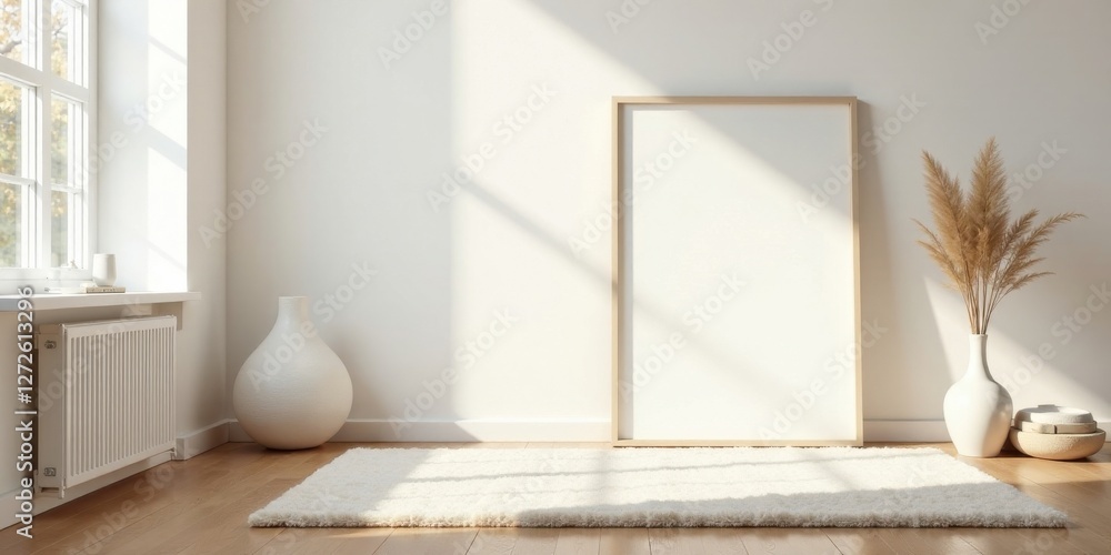 Minimalist interior design featuring a large blank frame, soft rug, and neutral decor Minimalist interior design featuring a large blank frame, soft rug, and neutral decor