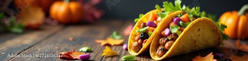 Stack of colorful Halloween-themed tacos on a table, taco, fall, stack